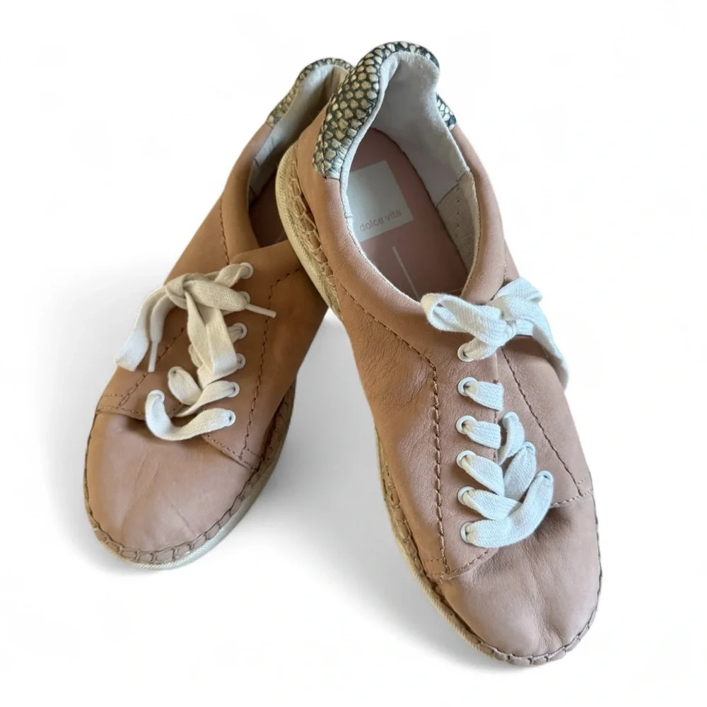Dolce Vita Blush Pink Leather Espadrille Lace Up Sneakers Snakeskin Detail 6.5